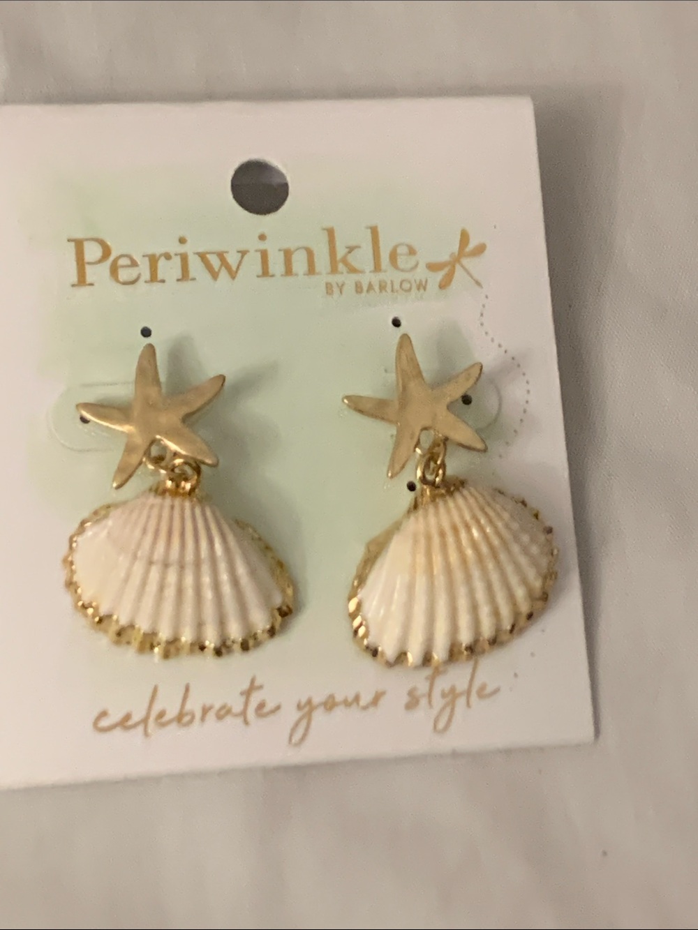 Periwinkle by Barlow Gold Starfish with Cream Shell Drop Earrings